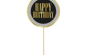 Taarttopper Happy Birthday (zwart, strepen)